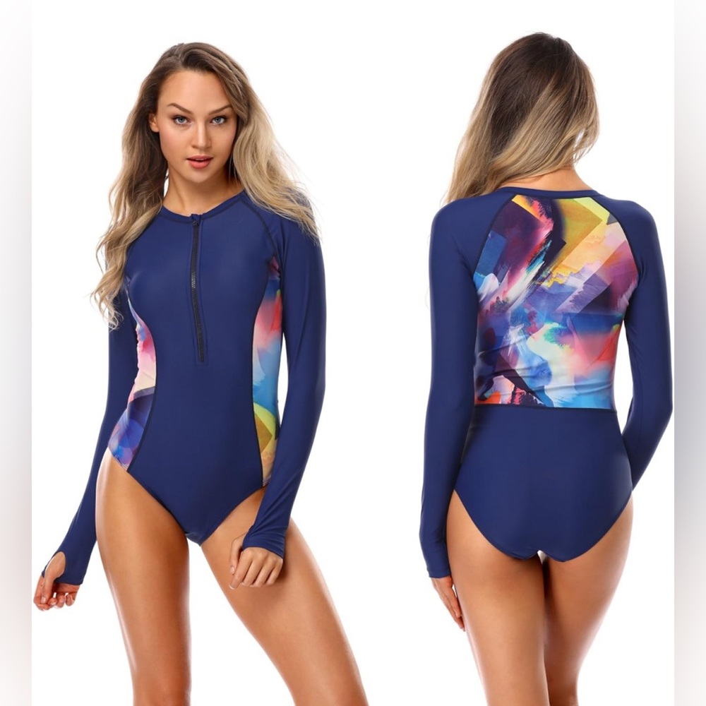 Long Sleeve Navy One-Piece Rash Guard Swimsuit with Colorblock Panels